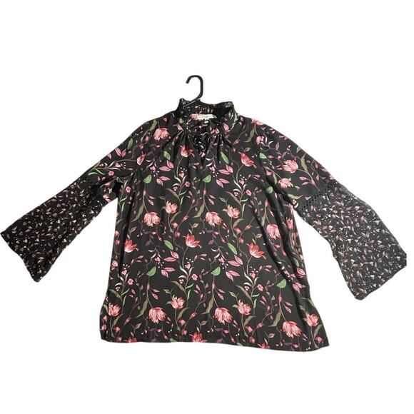 Fever Tops - Fever Women’s Blouse -L- Black Floral Flutter Sleeves -Cottagecore Romantic-EUC
